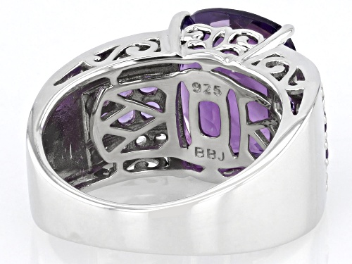 4.60ctw Cushion & Round Amethyst With .27ctw White Zircon Rhodium Over Sterling Silver Ring - Size 10