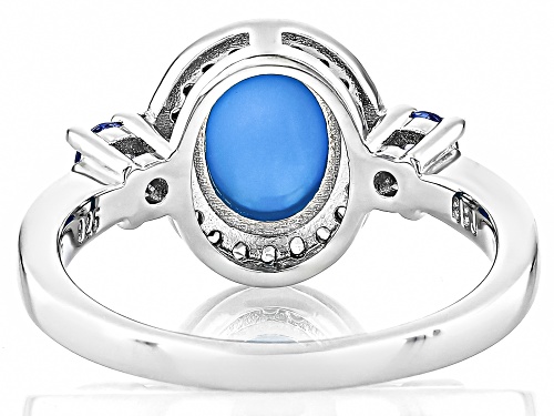 9x7mm Oval Sleeping Beauty Turquoise, .19ctw Tanzanite With .17ct Zircon Rhodium Over Silver Ring - Size 9