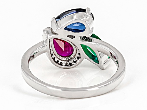 2.02ctw Lab Blue, Lab White Sapphire, Lab Ruby, with Lab Emerald Rhodium Over Silver Ring - Size 8