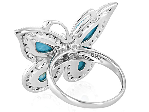 .38ct Marquise Glacier Topaz™ with Larimar & .32ctw Zircon Rhodium Over Silver Butterfly Ring - Size 6