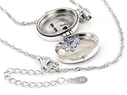 .36ctw Tanzanite, Garnet & Cultured Freshwater Pearl Rhodium Over Silver Prayer Box Pendant/Chain