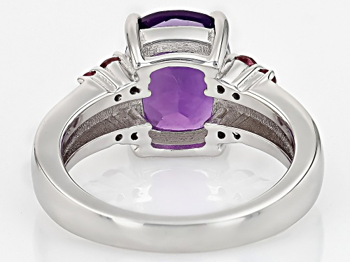 2.47ct Cushion African Amethyst with .29ctw Pink Tourmaline & .07ctw Zircon Rhodium Over Silver Ring - Size 6