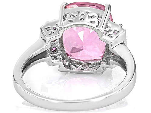 6.47ct Cushion Pink Topaz with .37ctw Lab Pink Sapphire and White Zircon Rhodium Over Silver Ring - Size 10