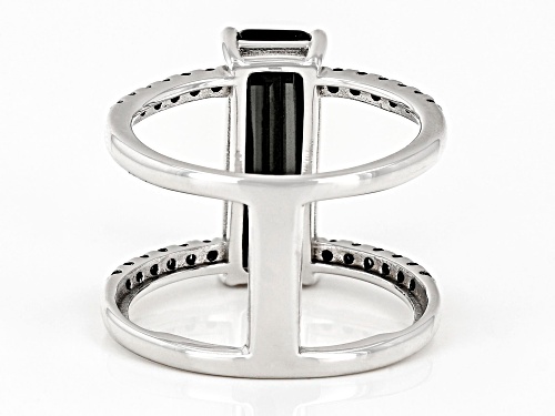3.30ct Rectangular Octagonal And 0.34ctw Round Black Spinel Rhodium Over Silver Elongated Ring - Size 6