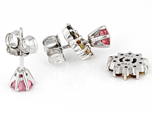 .90ctw Round Pink Tourmaline With .65ctw Multi-Tourmaline Jacket Rhodium Over Silver Earrings