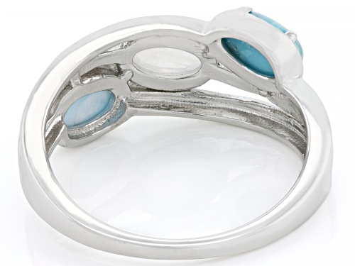6x4mm Oval Rainbow Moonstone with Larimar and Turquoise Rhodium Over Silver 3-Stone Ring - Size 6