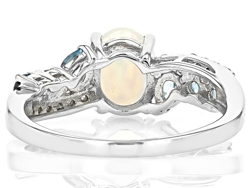 0.54ct Oval Ethiopian Opal With 0.80ctw Blue & White Zircon Rhodium Over Sterling Silver Ring - Size 10