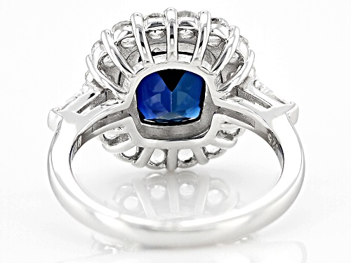 3.50ct Cushion Lab Blue Sapphire With 1.54ctw lab White Sapphire Rhodium Over Sterling Silver Ring - Size 8