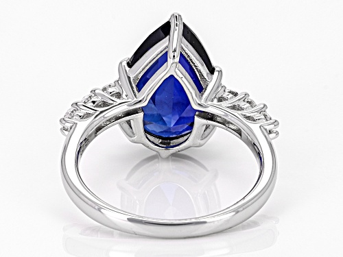 4.25ct Pear Shape Lab Blue Sapphire With 0.38ctw Round Lab White Sapphire Rhodium Over Silver Ring - Size 8