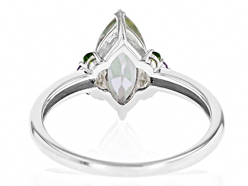 1.70ct Mystic Fire® Green Topaz, 0.06ctw Amethyst, 0.06ctw Chrome Diopside Rhodium Over Silver Ring - Size 8