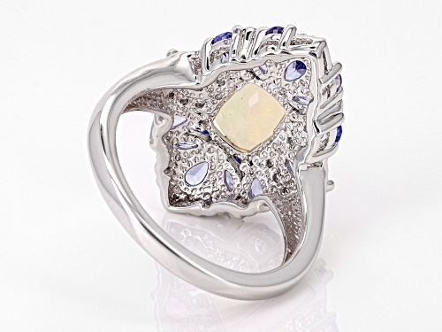 .85ct Ethiopian Opal with 1.43ctw Tanzanite and 0.19ctw White Zircon Rhodium Over Silver Ring - Size 6