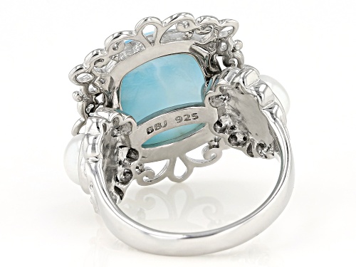 14x11mm Larimar and 5-5.5mm Cultured Freshwater Pearl Rhodium Over Sterling Silver Ring - Size 7