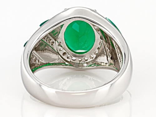 10X8mm oval and fancy cut green onyx with 1.25ctw zircon rhodium over sterling silver ring - Size 8
