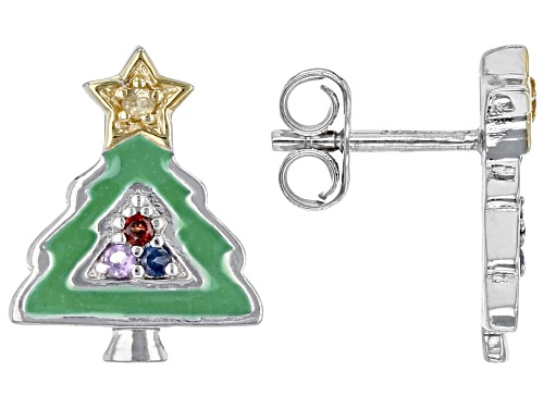 0.86ctw Multi-Gem & Enamel Rhodium Over Silver Santa Hat & Christmas Tree Children's Earring Set
