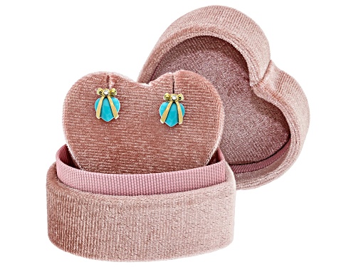 7mm Sleeping Beauty Turquoise And 0.01ctw White Diamond 10k Yellow Gold Children's Heart Earrings