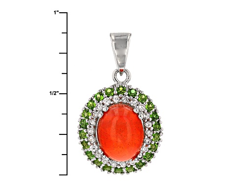 1.00ct Oval Orange Ethiopian Opal, .52ctw Chrome Diopside And White Zircon Silver Pendant With Chain