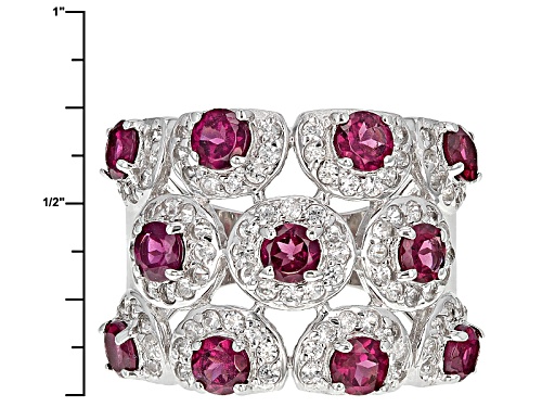 3.08ctw Round Raspberry color Rhodolite With 1.79ctw Round White Zircon Sterling Silver Ring - Size 6