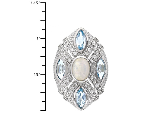 8x6mm Oval Rainbow Moonstone, 2.70ctw Marquise Glacier Topaz™, .68ctw White Zircon Silver Ring - Size 5