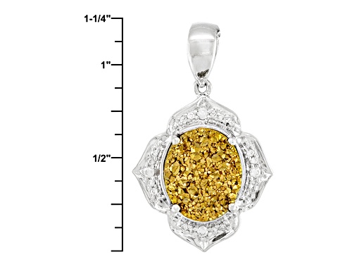 12x10mm Oval Golden Color Drusy Quartz And .15ctw Round White Zircon Silver Pendant With Chain