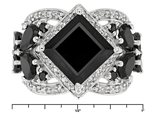 9.74ctw Square, Pear Shape And Round Black Spinel With .15ctw Round White Topaz Silver Ring - Size 5