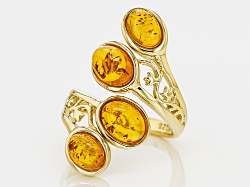 8x6mm And 7x5mm Oval Cabochon Orange Amber  18k Gold Over Sterling Silver 4-Stone Bypass Ring - Size 6