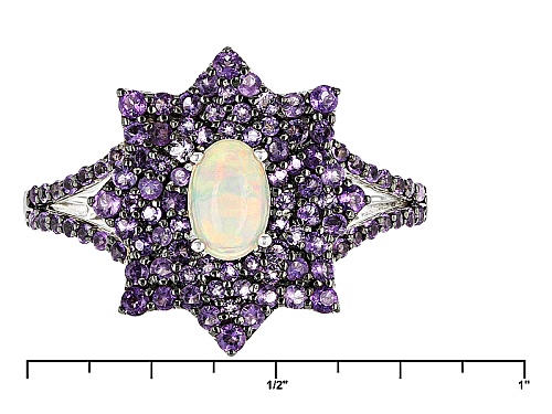 .30ct Oval Cabochon Ethiopian Opal With .72ctw Round African Amethyst Sterling Silver Ring - Size 8