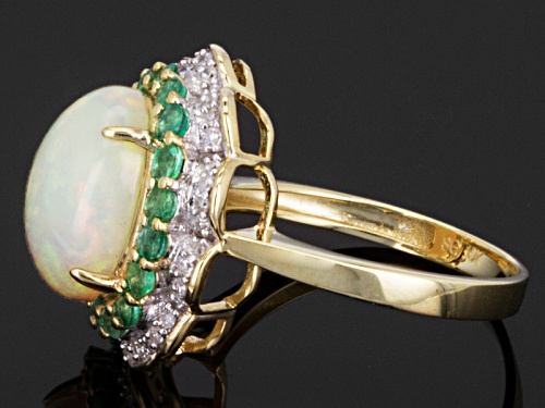 2.72ct Ethiopian Opal With .60ctw Zambian Emerald And .17ctw White Diamonds 10k Yellow Gold Ring - Size 12