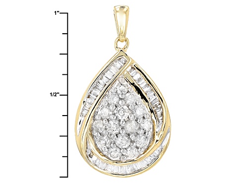 .85ctw Round And Baguette White Diamond 10k Yellow Gold Pendant With 18inch Rope Chain