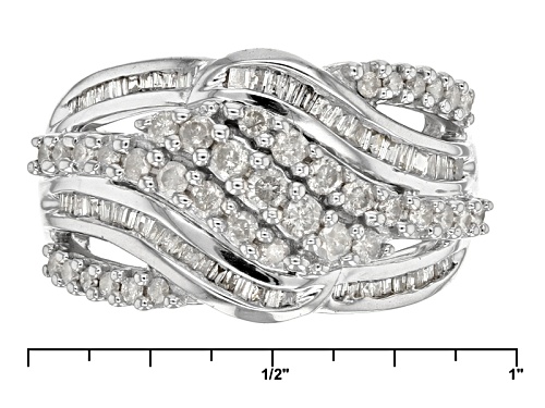 .95ctw Round And Baguette White Diamond Rhodium Over Sterling Silver Ring - Size 7