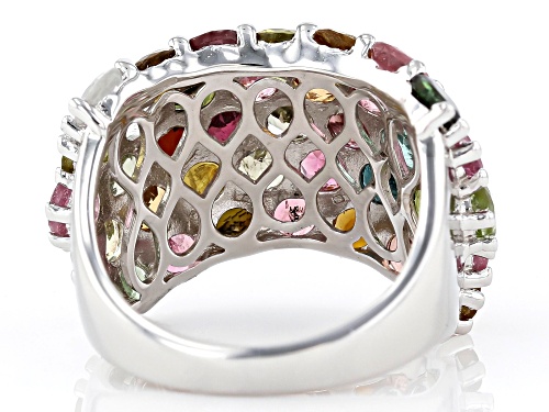 5.85ctw Round Mixed-Color, Multi-Tourmaline Rhodium Over Sterling Silver Band Ring - Size 6