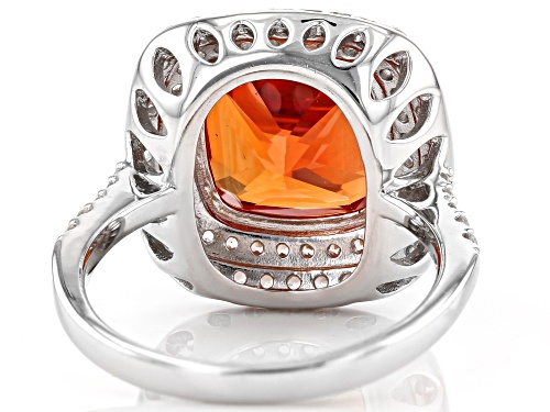 9.85ct Cushion Lab Created Padparadscha Sapphire, 1.00ctw White Zircon Rhodium Over Silver Ring - Size 7