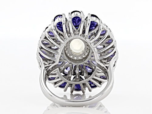 8x6mm Oval Moonstone With 7.73ctw Iolite, Tanzanite and White Zircon Rhodium Over Silver Ring - Size 7