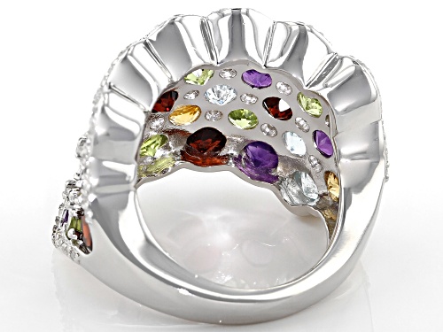 6.50ctw Round Multi-Gem With .50ctw Round White Zircon Rhodium Over Silver Cluster Band Ring - Size 7