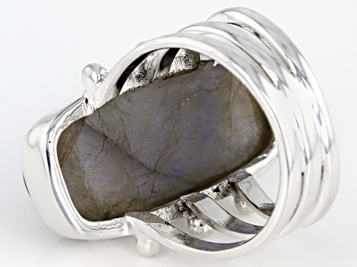 24x12mm Hand Carved Rectangular Cushion Labradorite Solitaire Sterling Silver Ring - Size 7