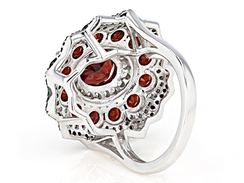 4.00ctw Garnet With 0.30ctw Black Spinel And 0.30ctw White Zircon Rhodium Over Sterling Silver Ring - Size 7