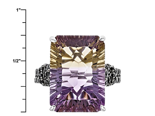 11.20ct Quantum Cut(R) & Emerald Cut Ametrine With .81ctw Black Spinel Silver Ring - Size 5