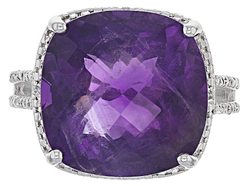 12.15ct Square Cushion, Checkerboard African Amethyst With .05ctw Round White Zircon Silver Ring - Size 6