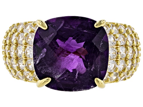 5.75ct Square Cushion African Amethyst, 3.10ctw Round White Zircon 18k Yellow Gold Over Silver Ring - Size 9