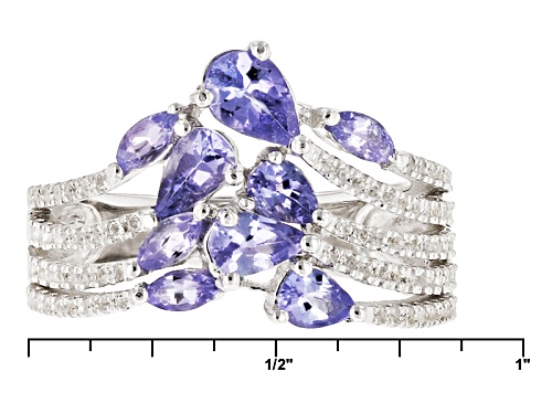1.30CTW PEAR SHAPE & MARQUISE TANZANITE WITH .40CTW ROUND WHITE TOPAZ RHODIUM OVER SILVER RING - Size 7