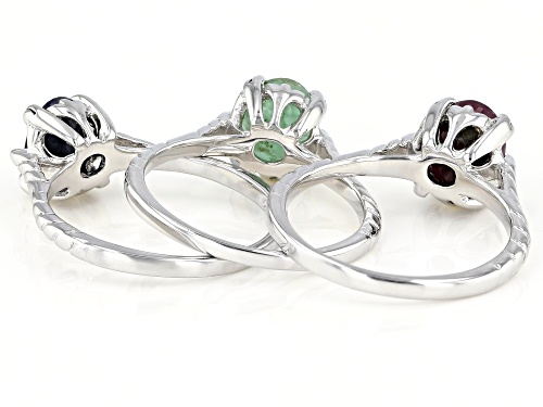 4.50ctw Oval Ruby, Emerald, and Blue Sapphire Rhodium Over Sterling Silver Set of 3 Rings - Size 9