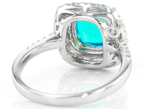 1.45CT SQUARE CUSHION CABOCHON Paraiba Blue Color Opal, .50CTW ZIRCON RHODIUM OVER SILVER RING - Size 10