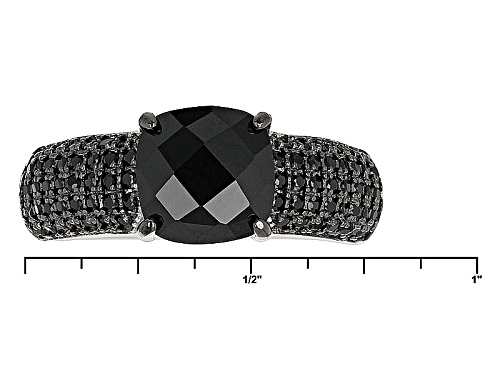 2.92ctw 8mm Square Cushion Checkerboard Cut And Round Black Spinel Rhodium Over Sterling Silver Ring - Size 9