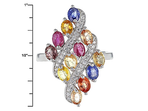 3.00ctw Oval Multi Sapphire And .10ctw Round White Zircon Rhodium Over Sterling Silver Ring - Size 5
