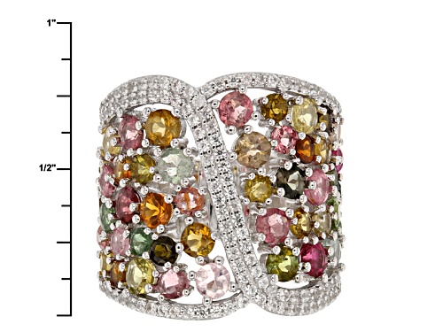 4.35ctw Round Multi Tourmaline And .65ctw Round White Zircon Rhodium Over Sterling Silver Band Ring - Size 6