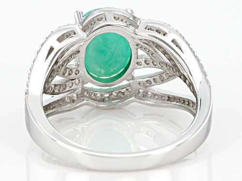2.08ct Oval Emerald And .86ctw Round White Zircon Rhodium Over Sterling Silver Ring - Size 8
