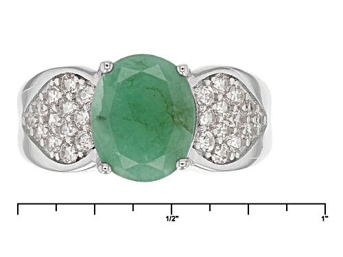 2.25ct Oval Emerald And 1.17ctw Round White Zircon Sterling Silver Ring - Size 12