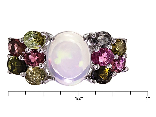 1.68ct Oval Cabochon Ethiopian Opal And 1.60ctw Oval Multi-Tourmaline Sterling Silver Ring - Size 12