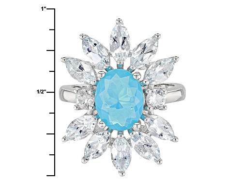 1.00ct Oval Paraiba Blue Color Opal With 2.00ctw Aquamarine And .35ctw White Zircon Silver Ring - Size 11