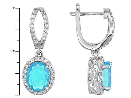 2.16ctw Paraiba Blue Color Opal With 1.12ctw White Zircon Rhodium Sterling Silver Dangle Earrings