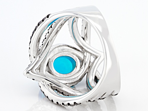 .63ct Oval Paraiba Blue Color Opal With 1.69ctw Black Spinel Rhodium Over Sterling Silver Ring - Size 8